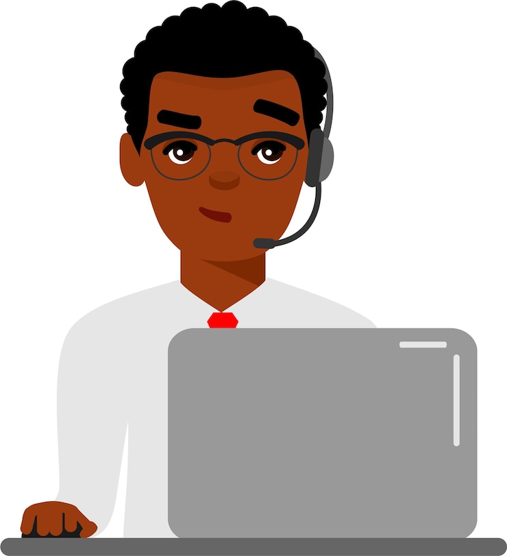 Vetor operador de linha de apoio masculino com fone de ouvido em sua mesa com computador portátil