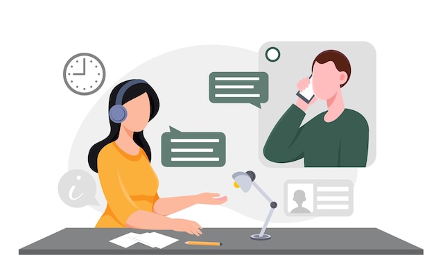 Operadora com fone de ouvido na mesa falando com o cliente no telefone estilo gráfico plano branco minimalista
