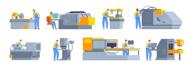 Vetor operadores em máquinas de fábrica trabalhador de produção automática detalhes da máquina de fabricação montagem local de trabalho eficiente mecânico engenheiro de fábrica trabalho ilustração vetorial da produção da fábrica do operador