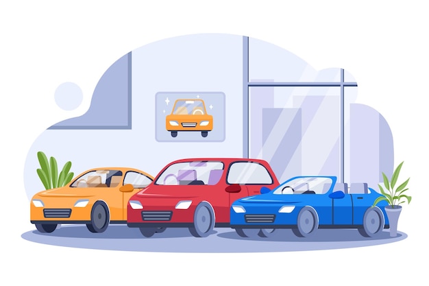 Vetor opinião do showroom do carro conceito de ilustração em fundo branco