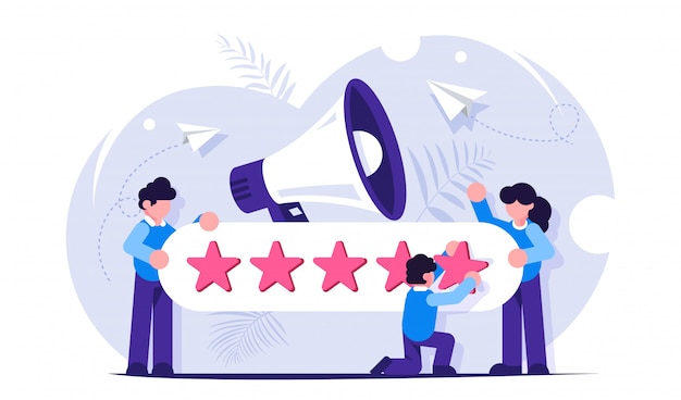Opinião dos consumidores. Personagens de pessoas dando feedback de cinco estrelas