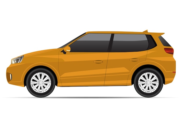Opinião lateral do carro SUV compacto amarelo realista isolada no branco.