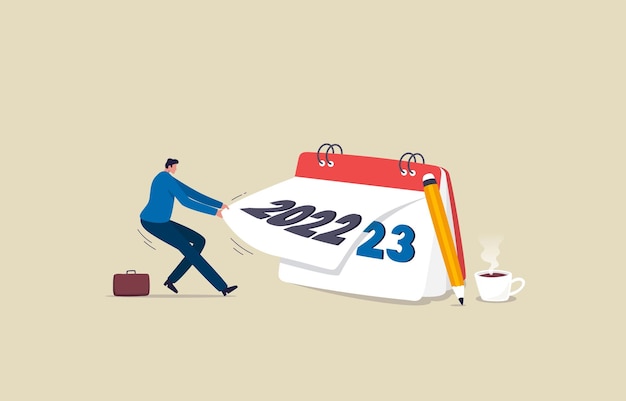 Oportunidades de negócios em 2023 para o sucesso Empresário mudando um calendário de ano novo para 2023 Ilustração