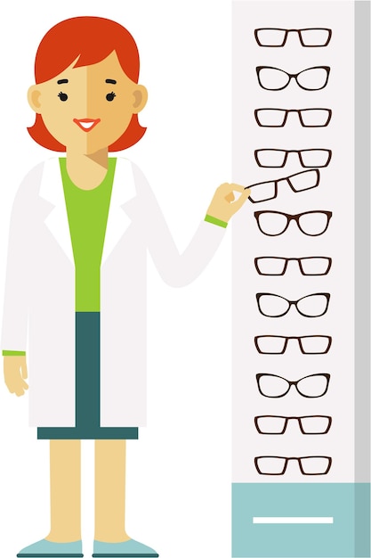 Vetor optometrista de vendedor feminino com óculos em loja de óptica