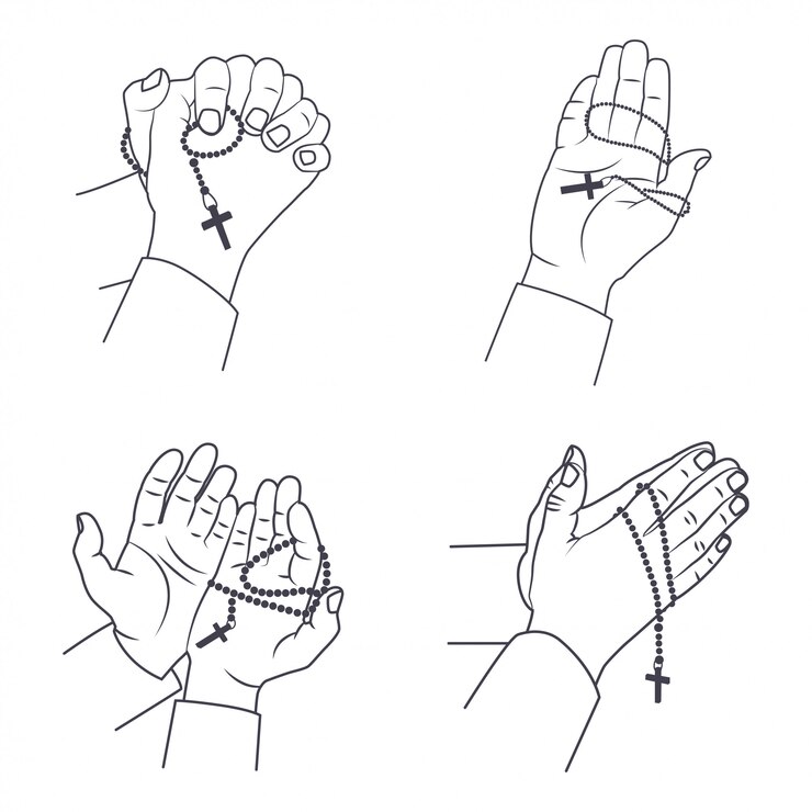 Vetor orando, mãos, com, rosário sagrado, contas
