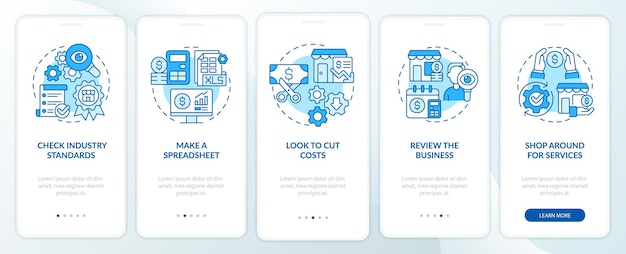 Orçamento para a tela do aplicativo móvel de integração azul para pequenas empresas. passo a passo de 5 etapas de páginas de instruções gráficas com conceitos lineares. ui, ux, modelo de gui. myriad pro-bold, fontes regulares usadas