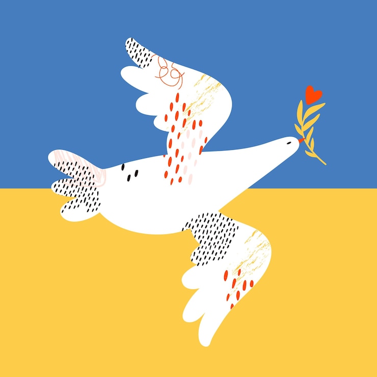 Vetor ore pela paz ucrânia pare a guerra na ucrânia pomba branca voadora da paz no fundo da bandeira amarela e azul pássaro com ramo de oliveira cartaz de banner de ilustração plana vetorial conceitual