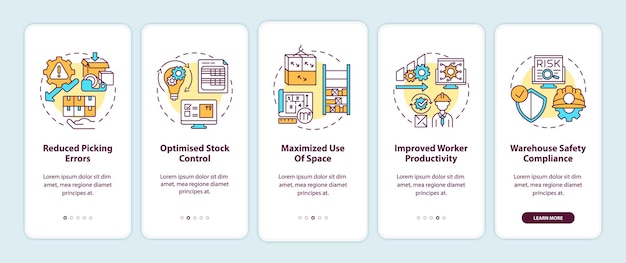 Organização do armazém e otimização da tela da página do aplicativo móvel com ilustrações de conceitos