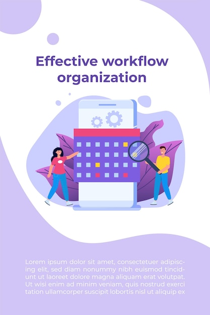 Organização eficaz do fluxo de trabalho, processo de trabalho em equipe, respeito aos prazos, conceito de jornada de trabalho eficiente. ilustração vetorial