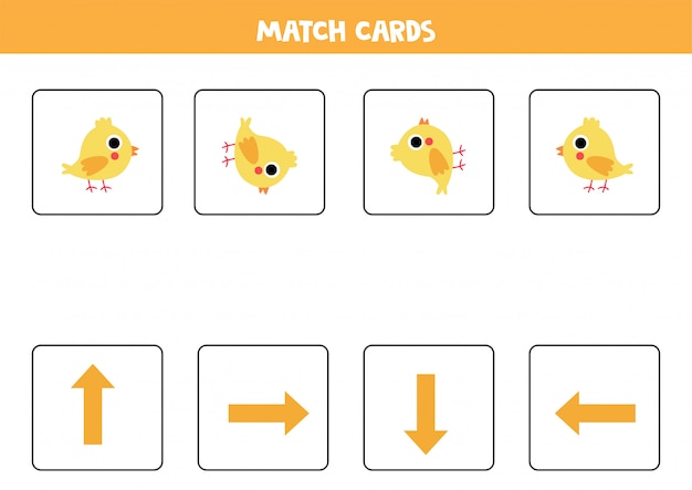 Orientação para crianças. Combine cartões com flechas e frango bonito dos desenhos animados.
