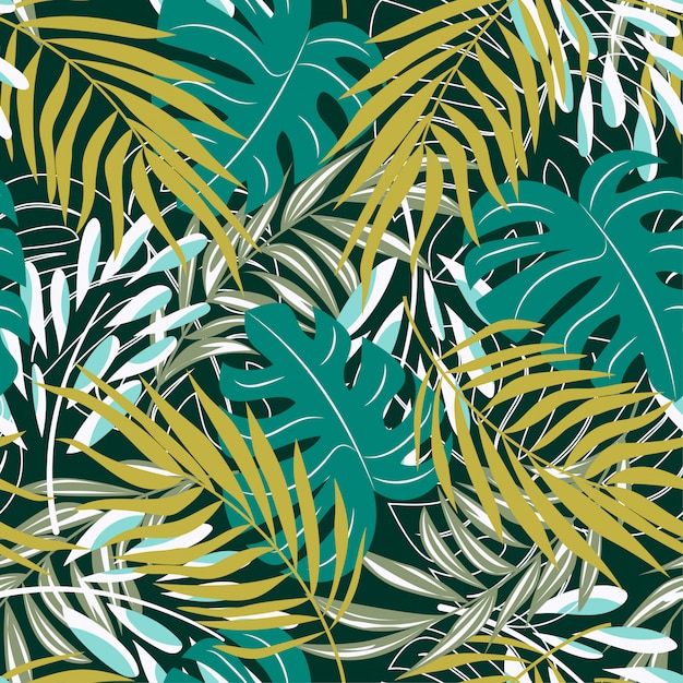 Original abstrato padrão sem emenda com folhas tropicais coloridas e plantas sobre fundo verde