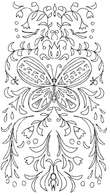 Ornamento Borboleta Ornamento Folclórico Insetos Plantas Padrão Desenhado à Mão Simetria