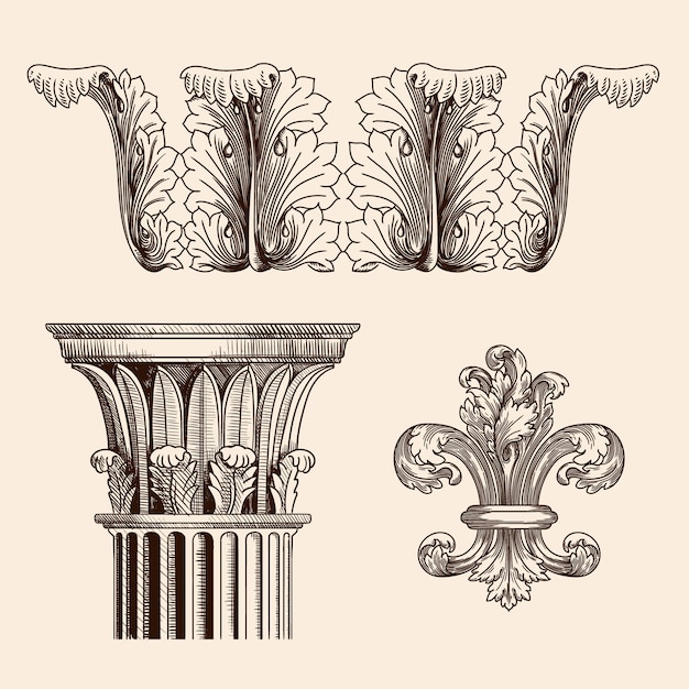 Ornamento de folha de acanto grego antigo e capital de coluna em estilo coríntio ornamento antigo clássico.