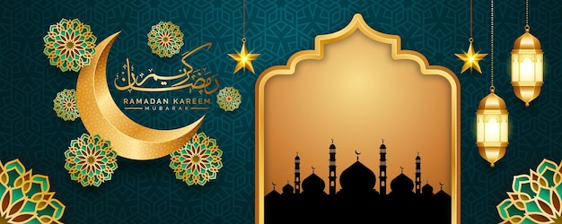 Ornamento de luxo islâmico árabe banner de saudação do ramadã horizontal ramadhan eid mubarak fundo