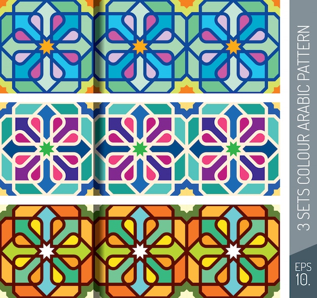 Ornamento de padrão árabe geométrico colorido de três conjuntos