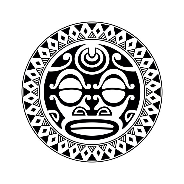 Vetor ornamento de tatuagem redonda com rosto de sol estilo maori maçãs africanas ou máscaras étnicas maias