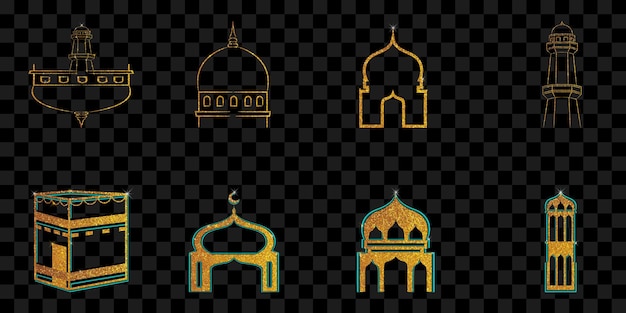 Ornamento gráfico de luxo islâmico dourado de esqueleto de mesquita em transparente