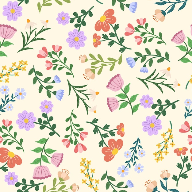 Ornamento repetido sem costura com padrão fofo de flores com flores planas de estilo simples em papel de parede bege