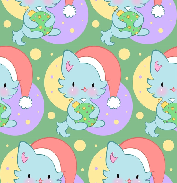 Ornamento sem costura com gatinhos fofos no estilo kawaii padrão vetorial gatos de feliz natal
