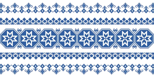 Vetor ornamento ucraniano em azul sem costura pixel art de fronteira