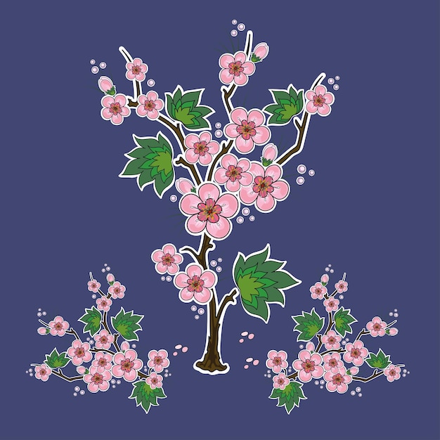 Ornamento vetorial, bonsai, galhos com flores e folhas cor de rosa, estilizados em estilo coreano em um ba roxo
