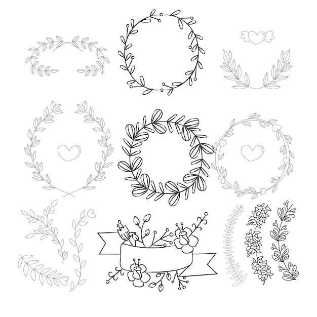 Ornamentos de álbum de casamento desenhados à mão vetor preto