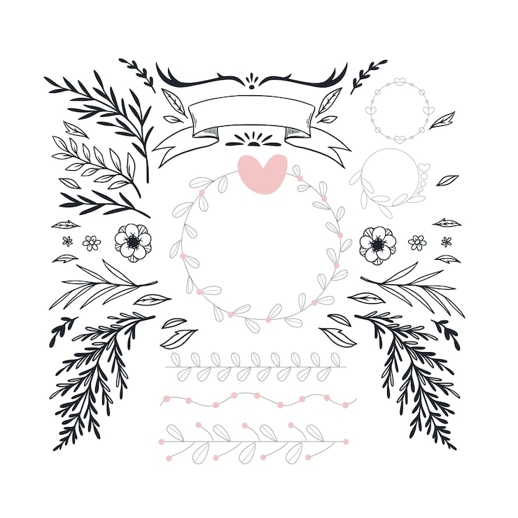 Vetor ornamentos de álbum de casamento desenhados à mão vetor preto