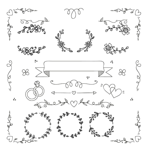 Ornamentos de álbum de casamento desenhados à mão vetor preto