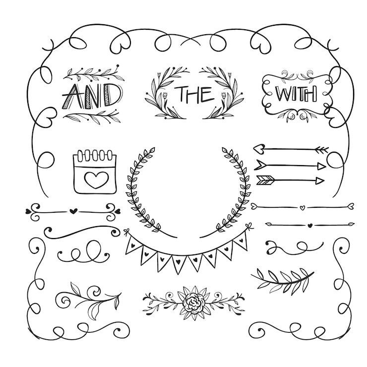Vetor ornamentos de álbum de casamento desenhados à mão