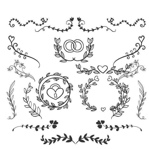 Ornamentos de álbuns de casamento desenhados à mão