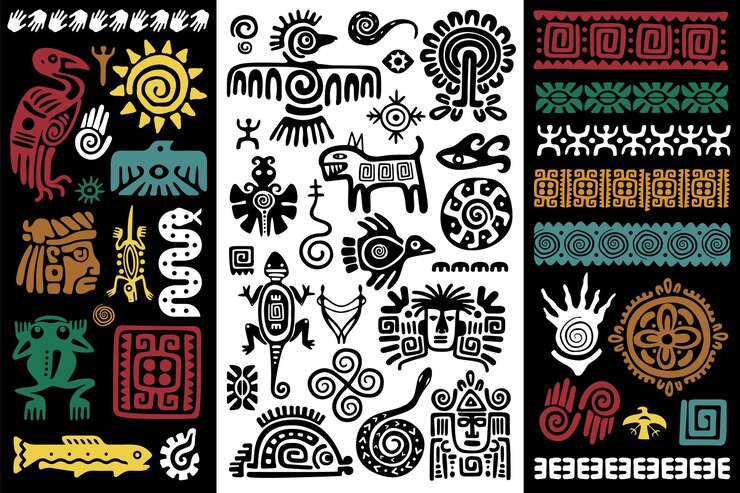 Vetor ornamentos de tatuagem tribais polinésios símbolos indígenas tribais antigos com animais sol e figuras humanas padrões étnicos com formas geométricas e redemoinhos conjunto vetorial