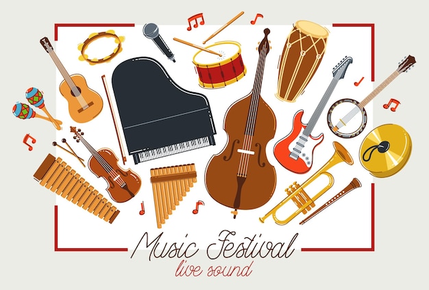 Orquestra de música diversos instrumentos cartaz plano vetorial concerto de som ao vivo ou festival banda musical ou orquestra tocando e cantando músicas panfleto ou bandeira publicitária