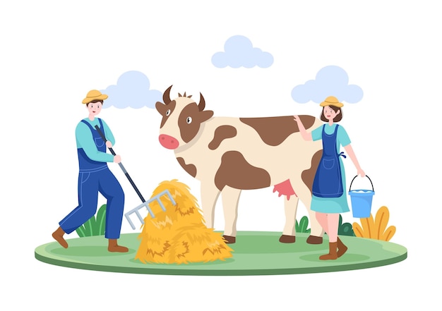 Os agricultores estão ordenhando vacas para produzir ou obter leite com vistas de prados ou em fazendas em ilustração