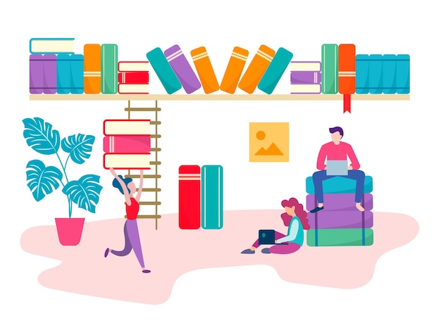 Os alunos se preparam para os exames estudam na biblioteca o bibliotecário traz livros Ilustração vetorial