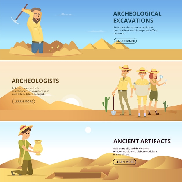 Os arqueólogos conduzem escavações de valores históricos. banners horizontais. arqueólogo e artefatos antigos. ilustração vetorial