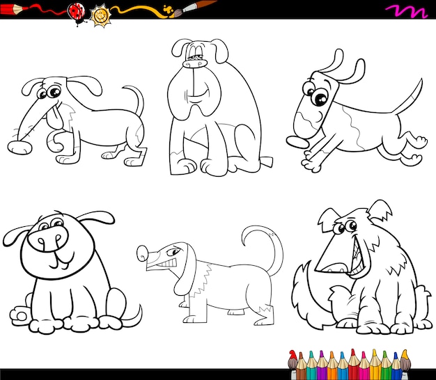 Os cães definem a página de colorir desenhos animados