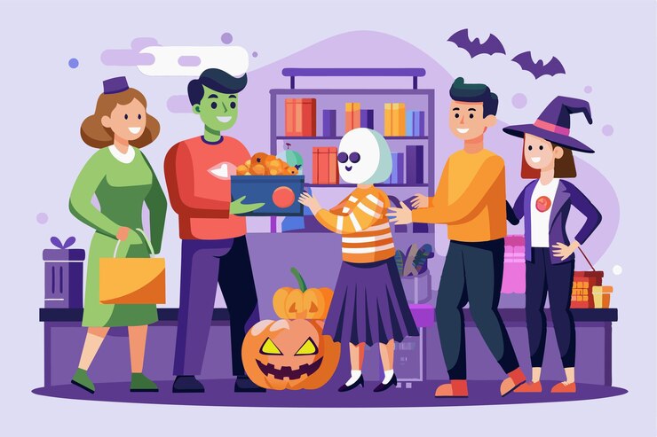 Vetor os compradores se reúnem em uma loja vibrante selecionando decorações personalizadas de halloween e desfrutando de uma atmosfera festiva cheia de itens temáticos