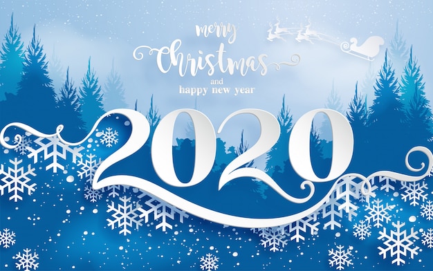 Os cumprimentos do feliz natal e os moldes do ano novo feliz 2020 com inverno bonito e queda de neve modelaram a arte do corte do papel.