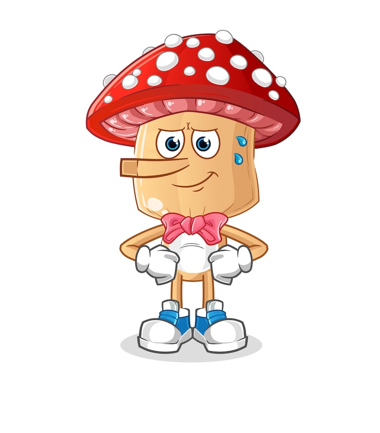 Vetor os desenhos animados de cabeça de cogumelo vermelho mentem como o personagem pinóquio. vetor de desenho animado