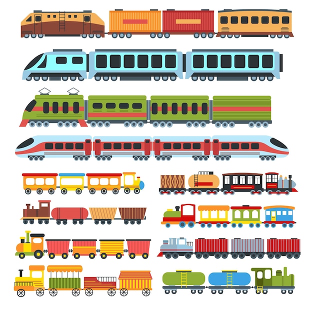 Os desenhos animados treinam brinquedos de crianças treinam com vagões crianças ferroviárias vector conjunto de ilustração