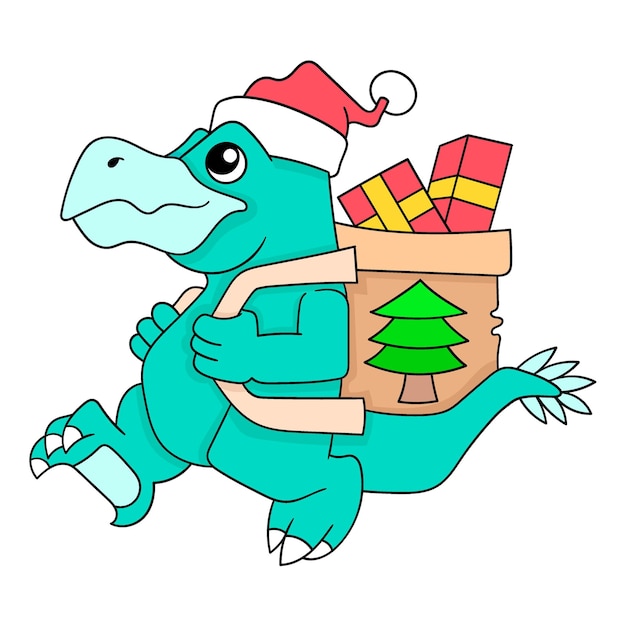 Os dinossauros estão trazendo presentes de natal para compartilhar a imagem do ícone do doodle kawaii