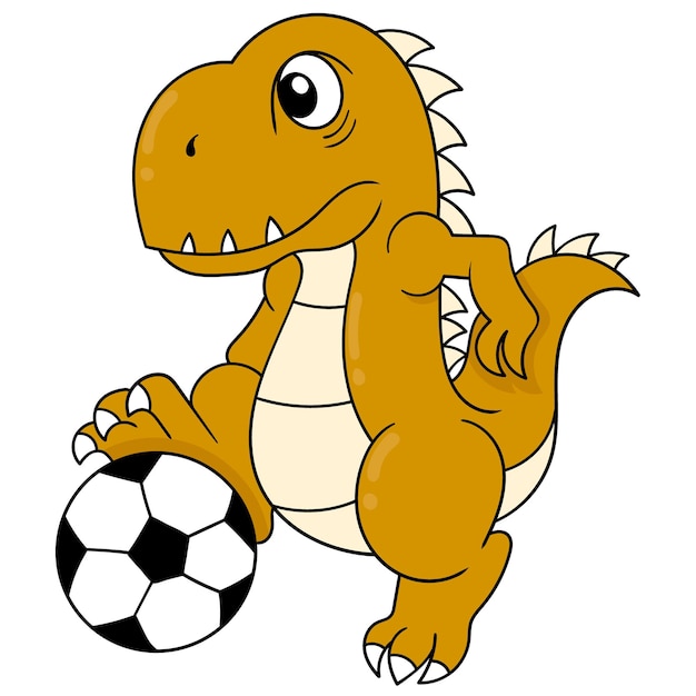 Os dinossauros se divertem jogando futebol. ícone do doodle kawaii.