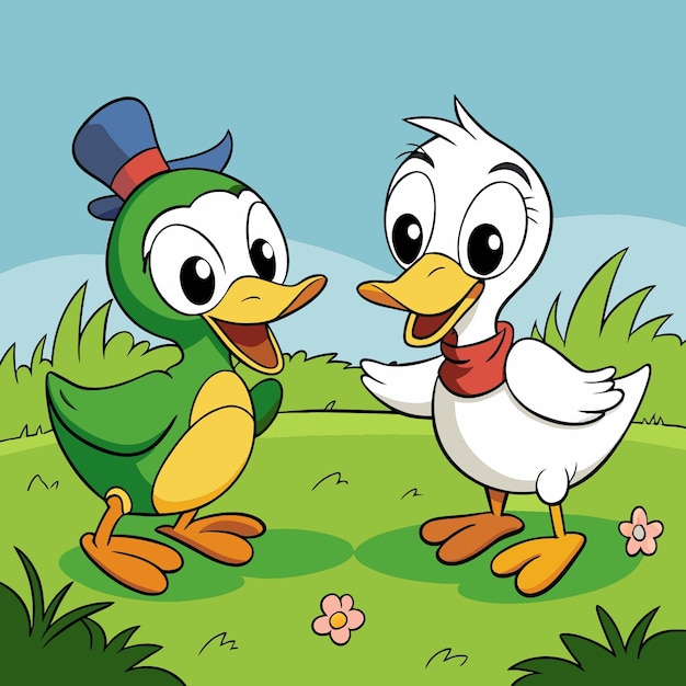 Os dois patos estão brincando juntos na grama da ilustração