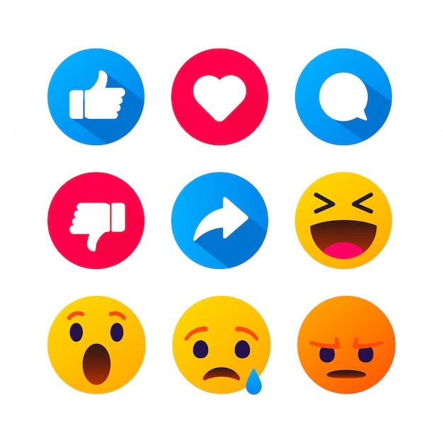 Vetor os emoticons de bolha amarela redonda dos desenhos animados de alta qualidade comentam as mídias sociais. reações de comentários de bate-papo, lágrima de rosto de modelo de ícone, sorriso, triste, amor, como, risos, risos emoji mensagem de personagem