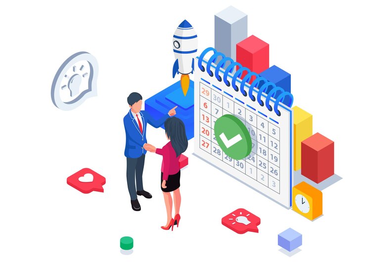 Os empresários concordam com a programação de negócios. Ilustração isométrica de negócios.