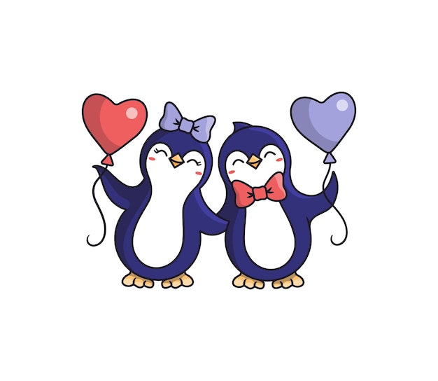 Os felizes pinguins estão segurando corações em forma de balão. animais de desenho animado, menino e menina com um arco na festa, aniversário, fim de semana.