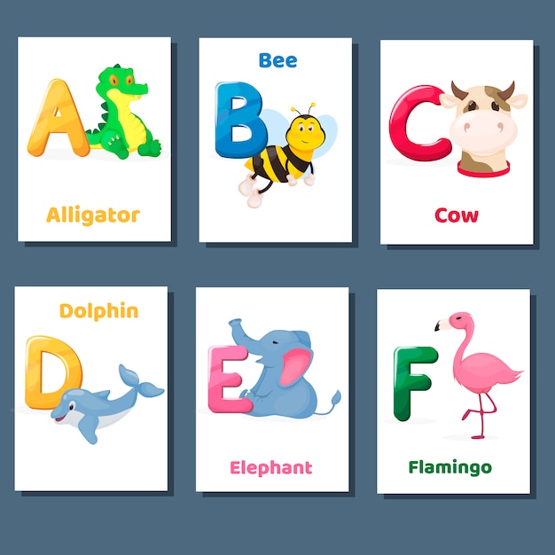 Os flashcards imprimíveis do alfabeto vector a coleção com letra abcde f. animais do jardim zoológico para a educação da língua inglesa.