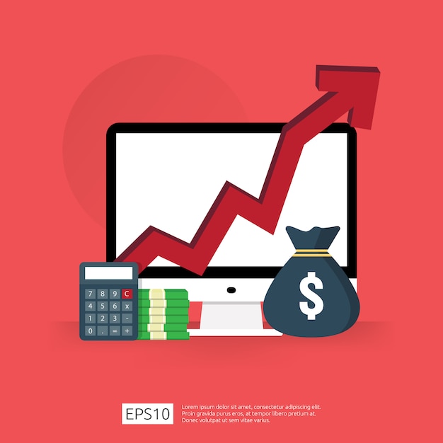 Os gastos com taxas de custo aumentam com a seta subindo no diagrama de crescimento. conceito de redução de dinheiro do negócio. progresso do crescimento do investimento com computador e calculadora