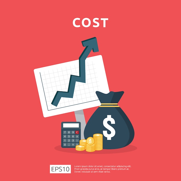 Os gastos com taxas de custo aumentam com a seta subindo no diagrama de crescimento. conceito de redução de dinheiro do negócio. progresso do crescimento do investimento com ilustração da calculadora.