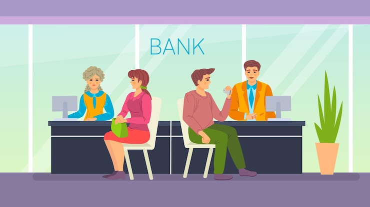 Vetor os gerentes dos funcionários do banco sentados atrás das mesas aconselham os clientes que atendem aos clientes do banco